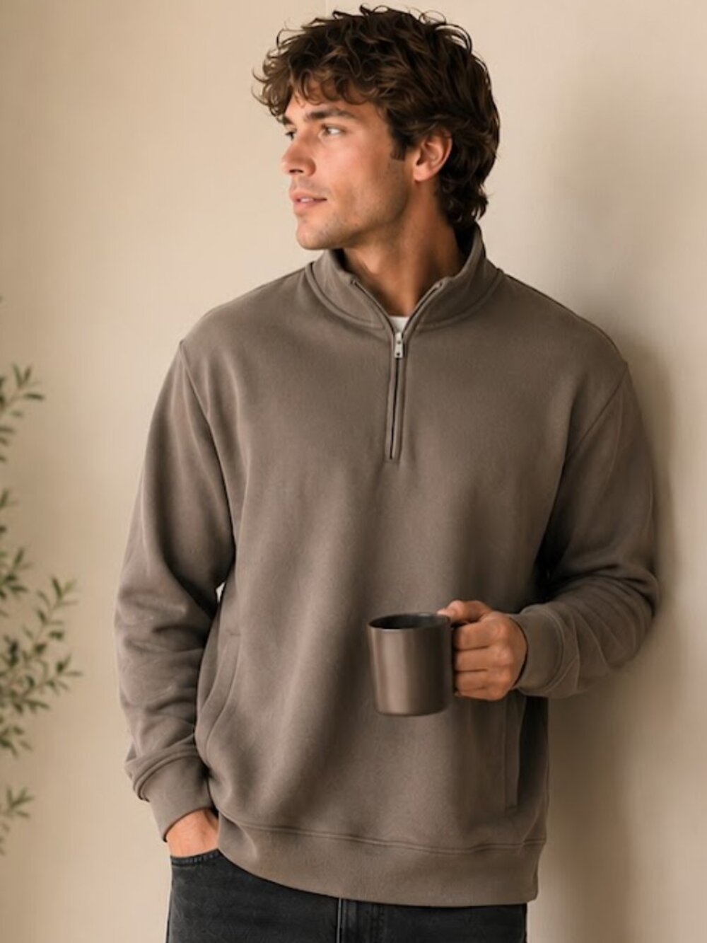 Cozy Earth Cityscape Quarter Zip Pullover Modal Fleece Quiet Luxury Ebony XL